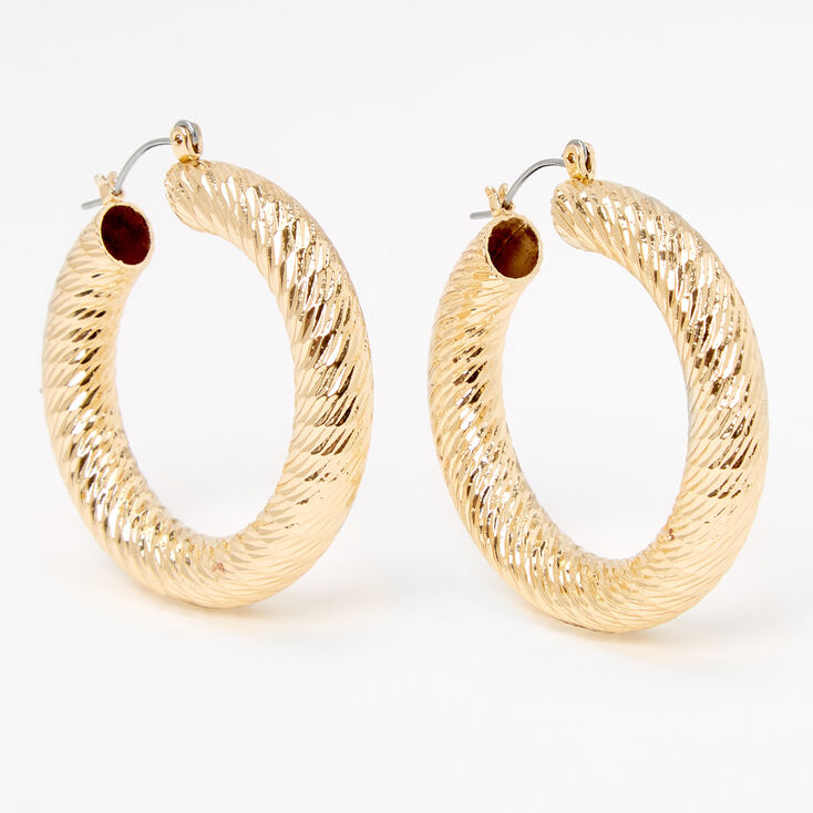 Gold 30MM Laser Cut Textured Tube Hoop Earrings,