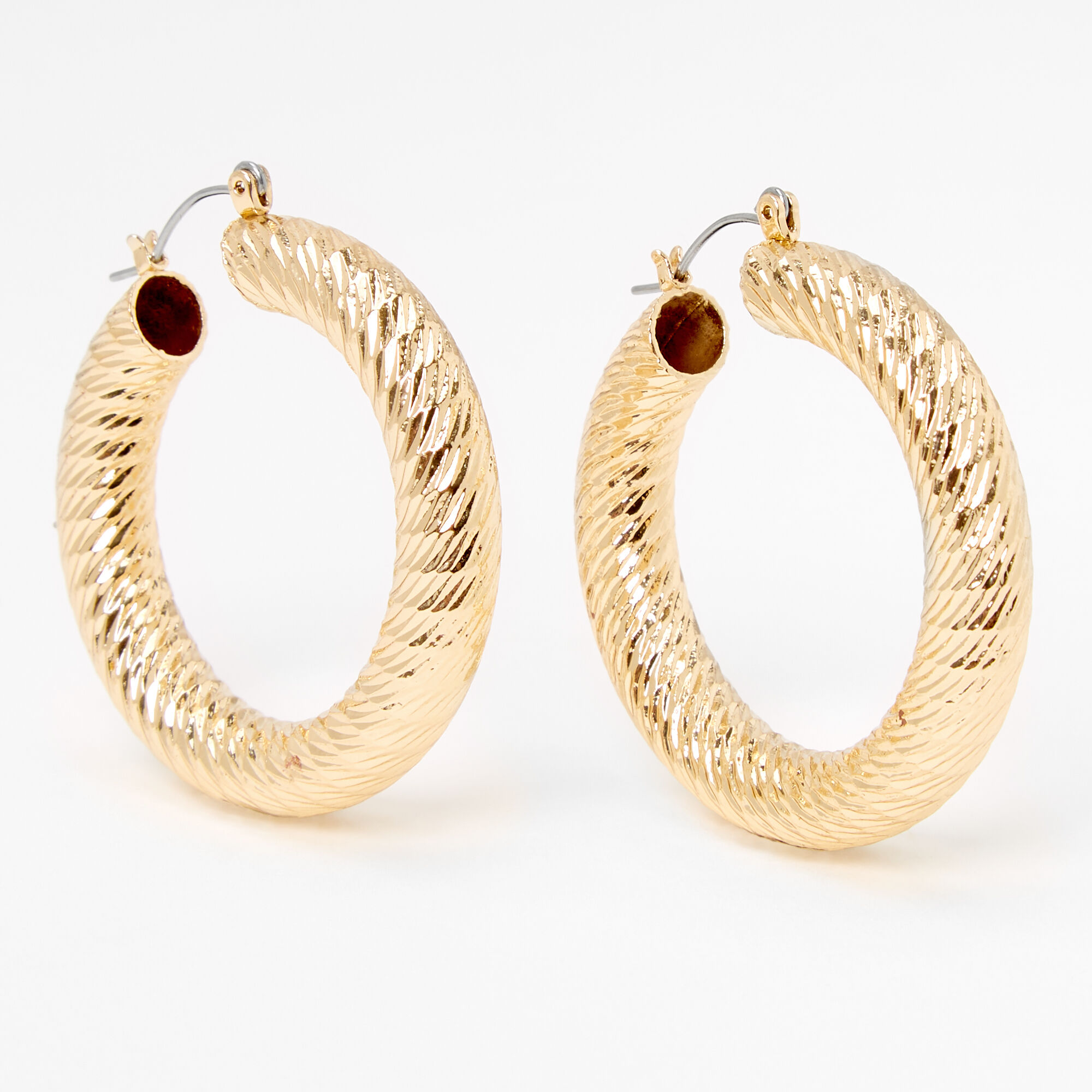 View Claires 30MM Laser Cut Textured Tube Hoop Earrings Gold information