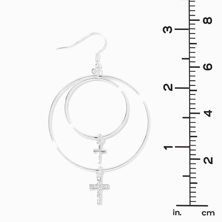 Silver-tone Crystal Cross Double Ring Hoop 3" Drop Earrings | Claire's