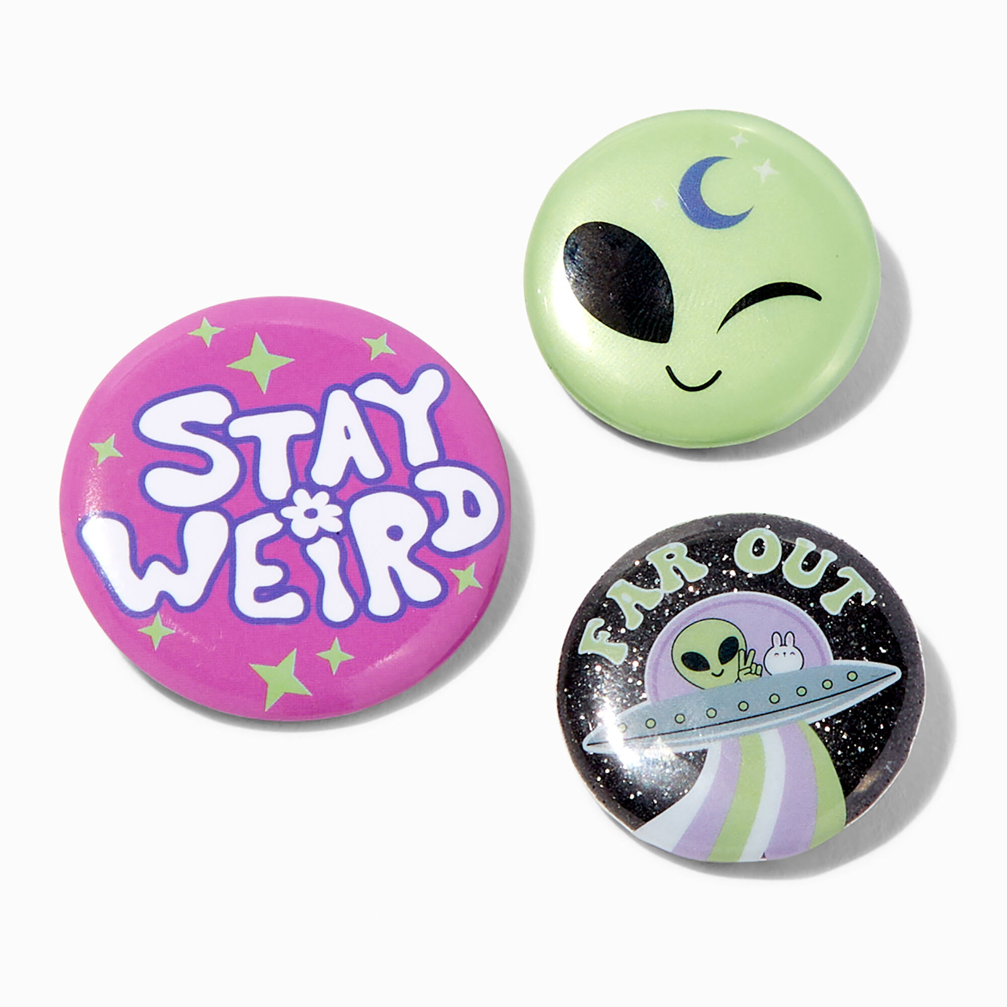 View Claires Aliens Pinback Button Set 3 Pack information