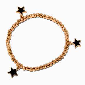 Black Enamel Star &amp; Gold-tone Beaded Stretch Bracelet,