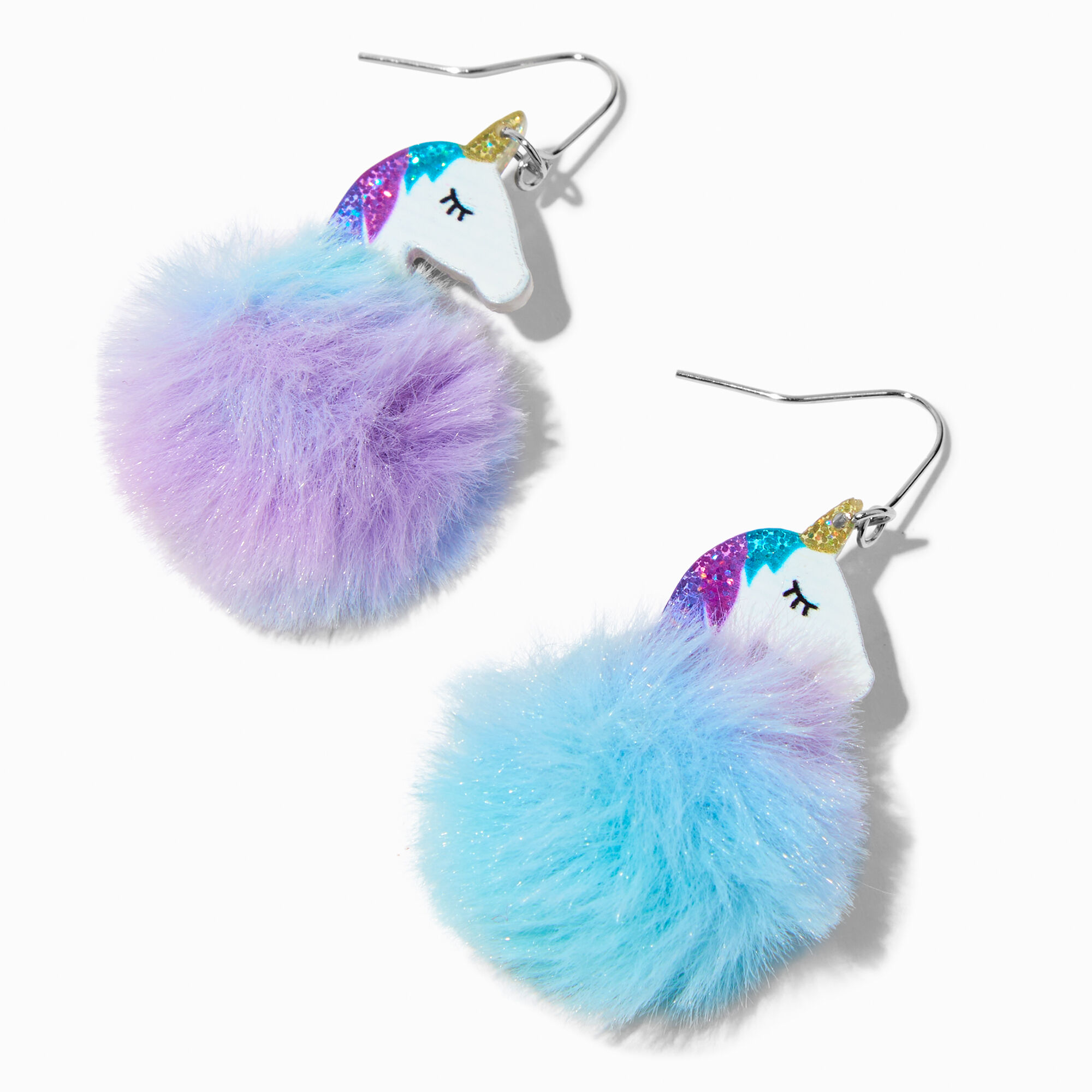 View Claires Purple Unicorn Pom 2 Drop Earrings Blue information