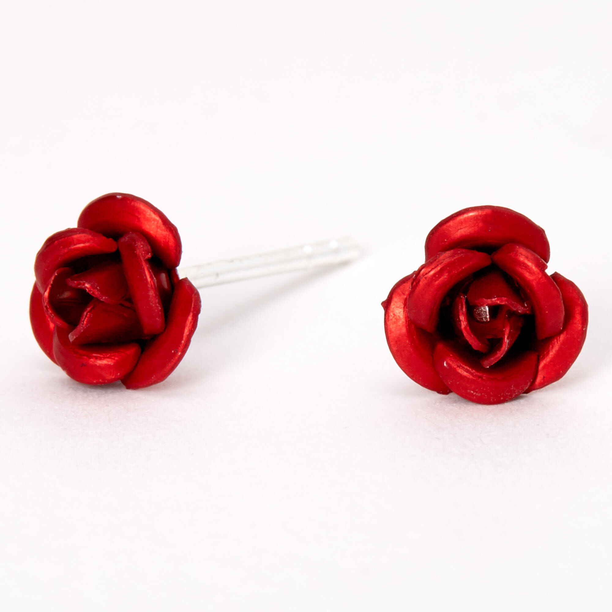 Sterling Silver Rose Stud Earrings Red