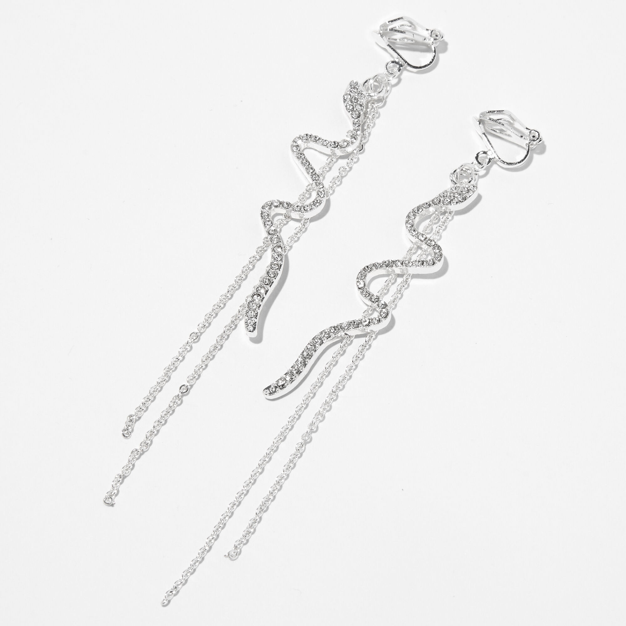 View Claires Tone Crystal Snake Linear ClipOn 3 Drop Earrings Silver information