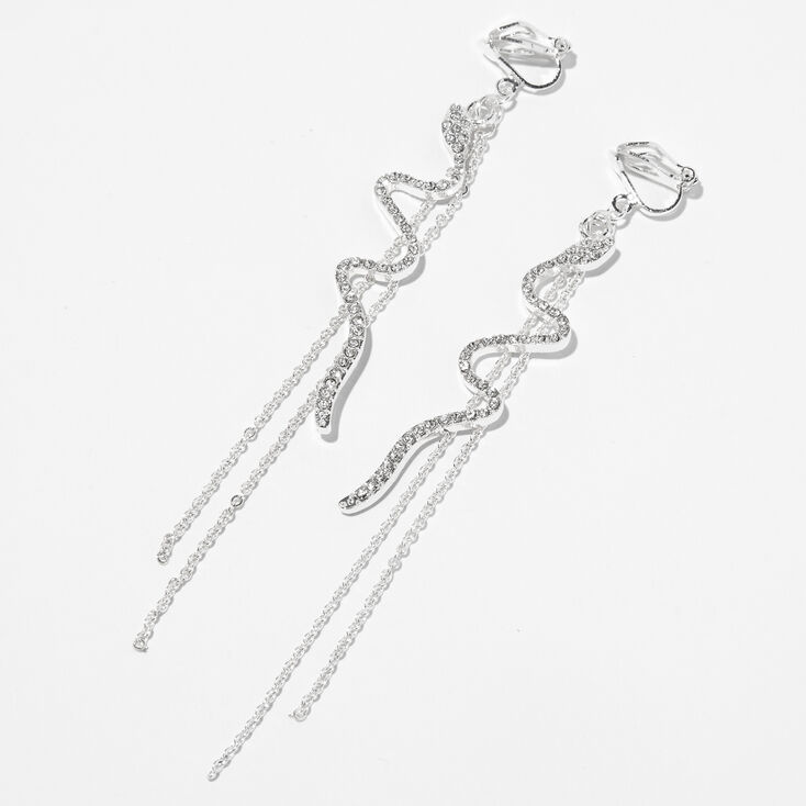 Silver-tone Crystal Snake Linear Clip-On 3&quot; Drop Earrings,