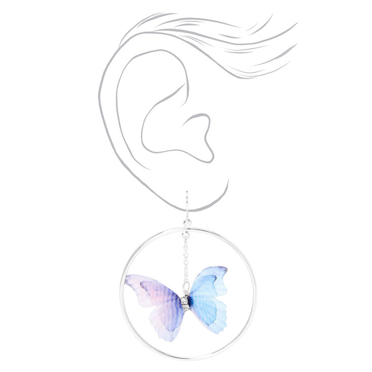 Silver Hoop Blue &amp; Purple Butterfly 2&quot; Drop Earrings,