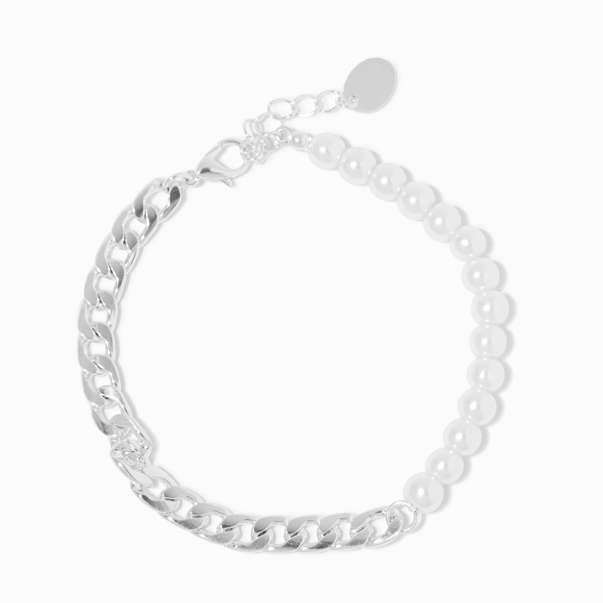 View Claires Tone Curb Chain Pearl Bracelet Silver information
