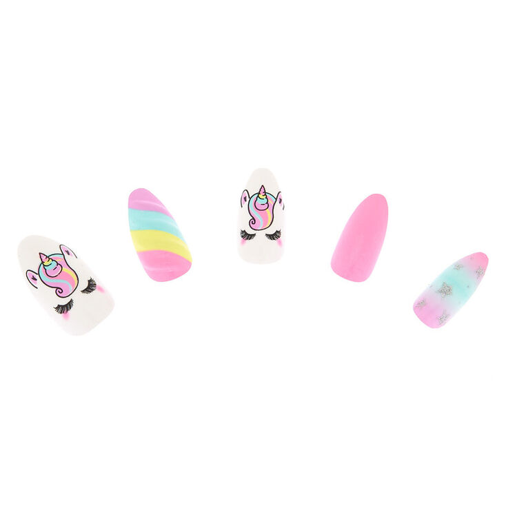 Lot de 24 faux ongles licorne arc-en-ciel,