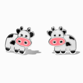 Sterling Silver Enamel Cow Stud Earrings,