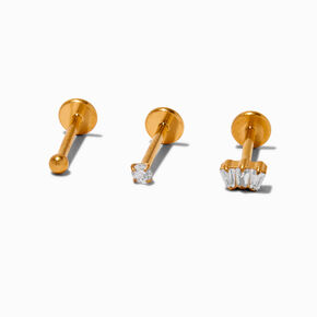 Gold-tone Titanium Cubic Zirconia Ball 18G Stud Threadless Cartilage Earrings - 3 Pack,