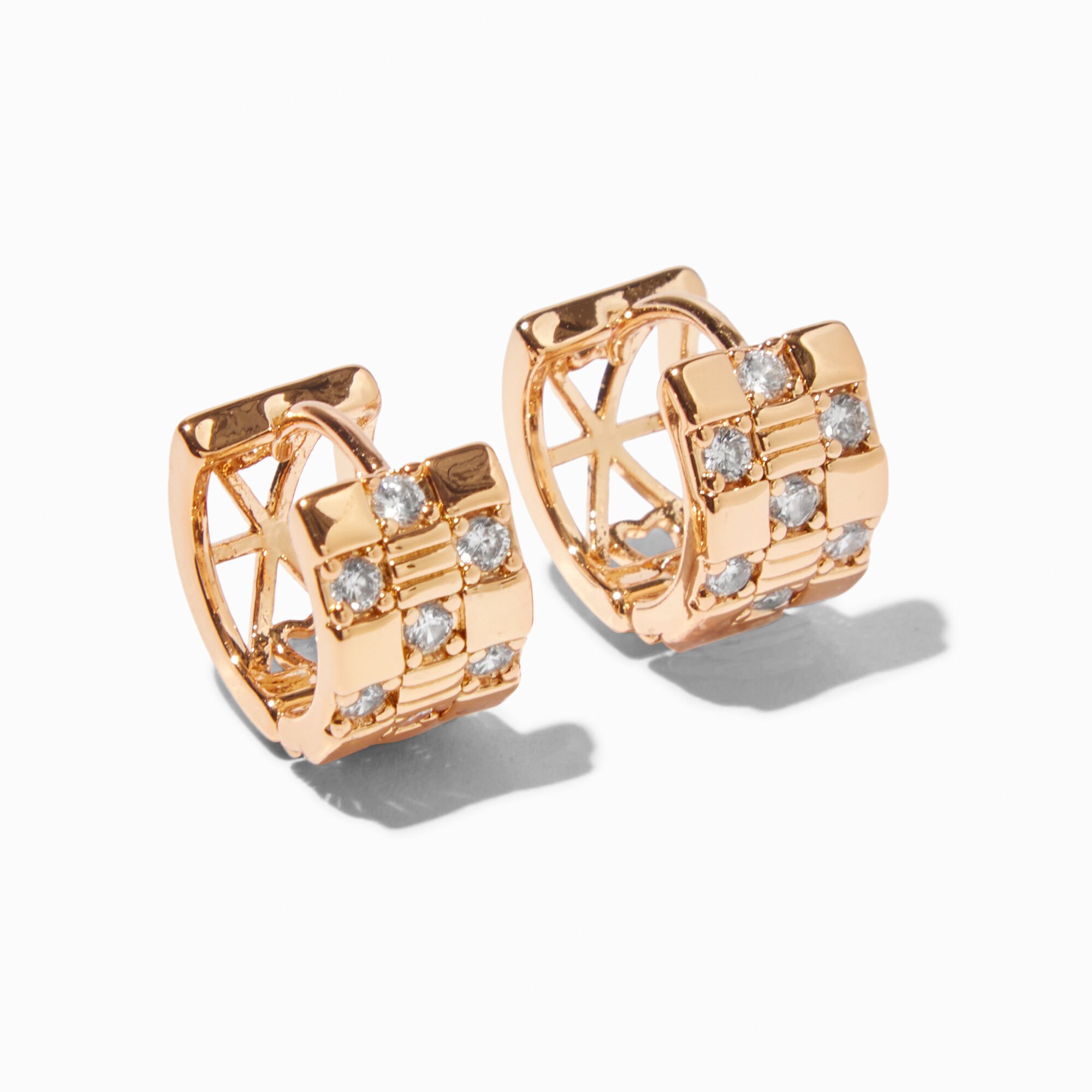 Gold-tone Cubic Zirconia Checkered Hoop Earrings,