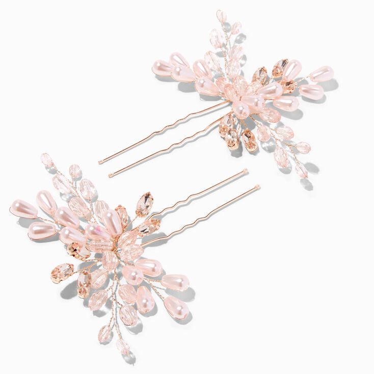 &Eacute;pingles &agrave; cheveux gerbes de fleurs orn&eacute;es de strass couleur dor&eacute; rose - Lot de 2,