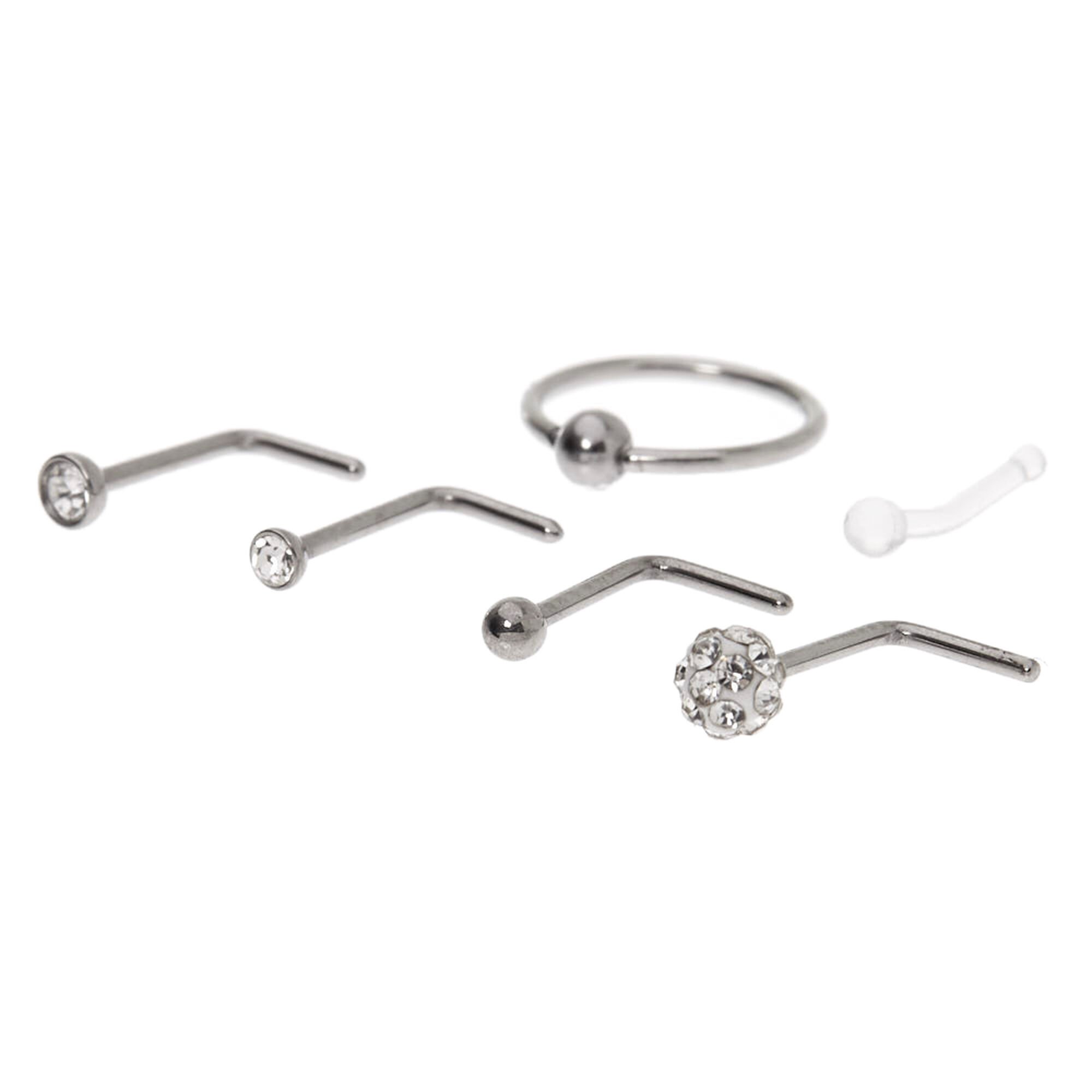 View Claires 20G Crystal Stud Hoop Nose Rings 6 Pack Silver information