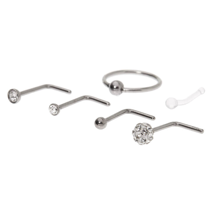 Sterling Silver 20G Crystal Stud &amp; Hoop Nose Rings - 6 Pack,