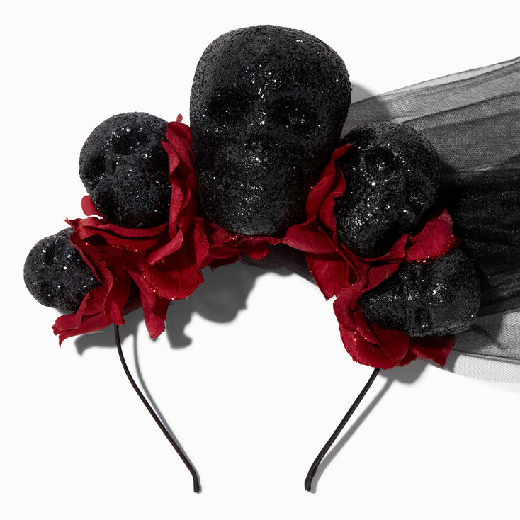 Black Skulls &amp; Red Roses Veil Headband,
