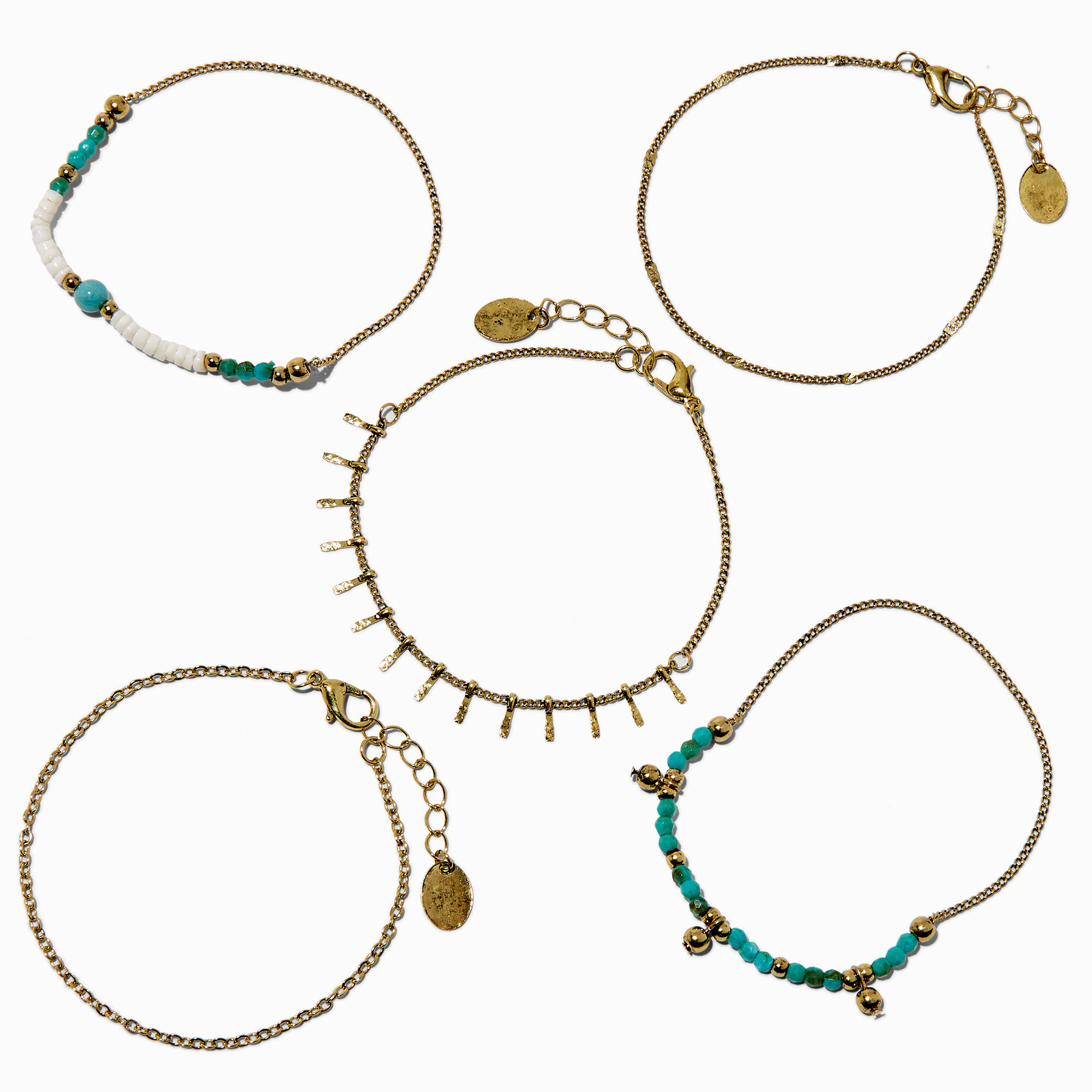 View Claires Beaded GoldTone Mixed Bracelet Set 5 Pack Turquoise information