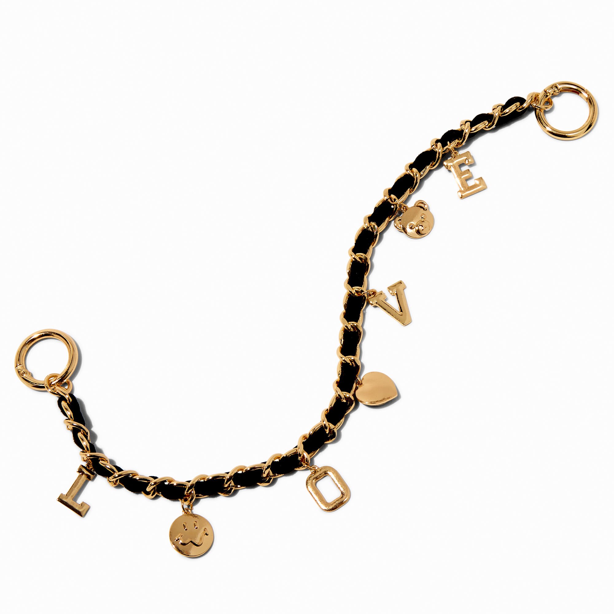 "Love" Charmy Black & Gold-tone Woven Chain Bag Charm,