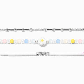 Bracelets perl&eacute;s fleur couleur argent&eacute;e - Lot de 3,