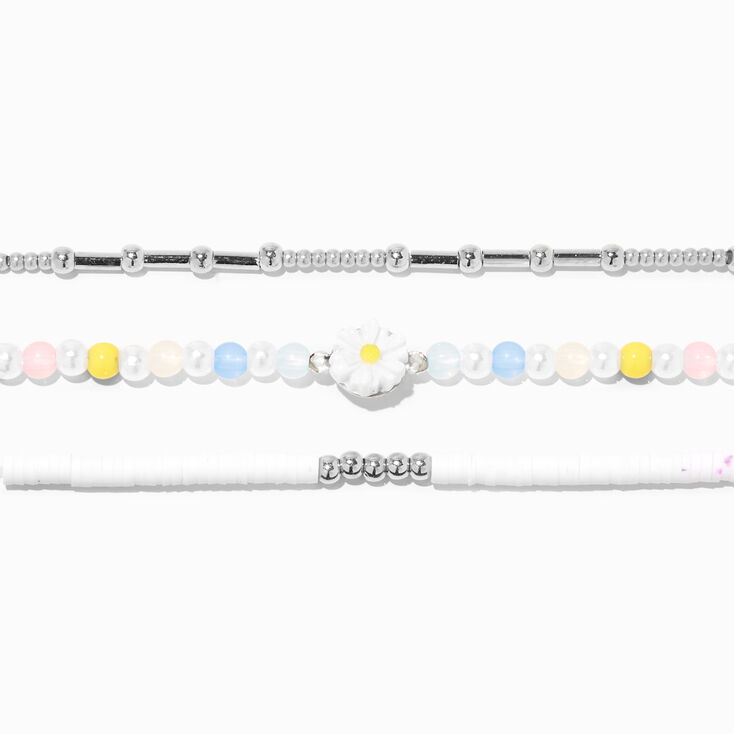 Silver-tone Flower Beaded Bracelet Set - 3 Pack,