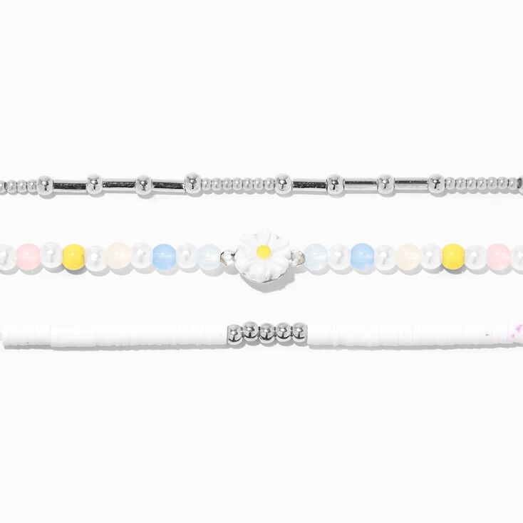 Silver Flower Beaded Bracelet Set - 3 Pack,