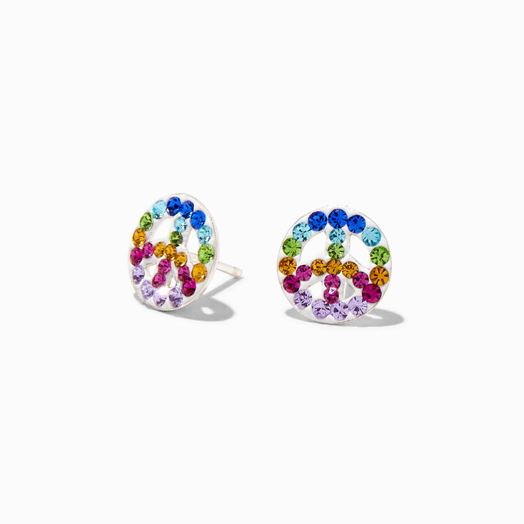 Sterling Silver Rainbow Crystal Peace Sign Stud Earrings,
