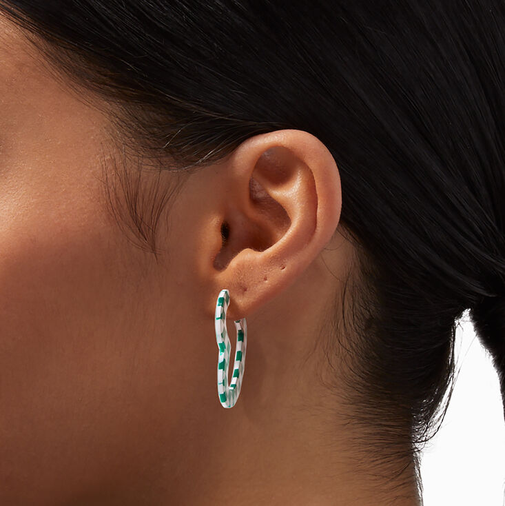 Green Checkered 40MM Heart Cutout Hoop Earrings,