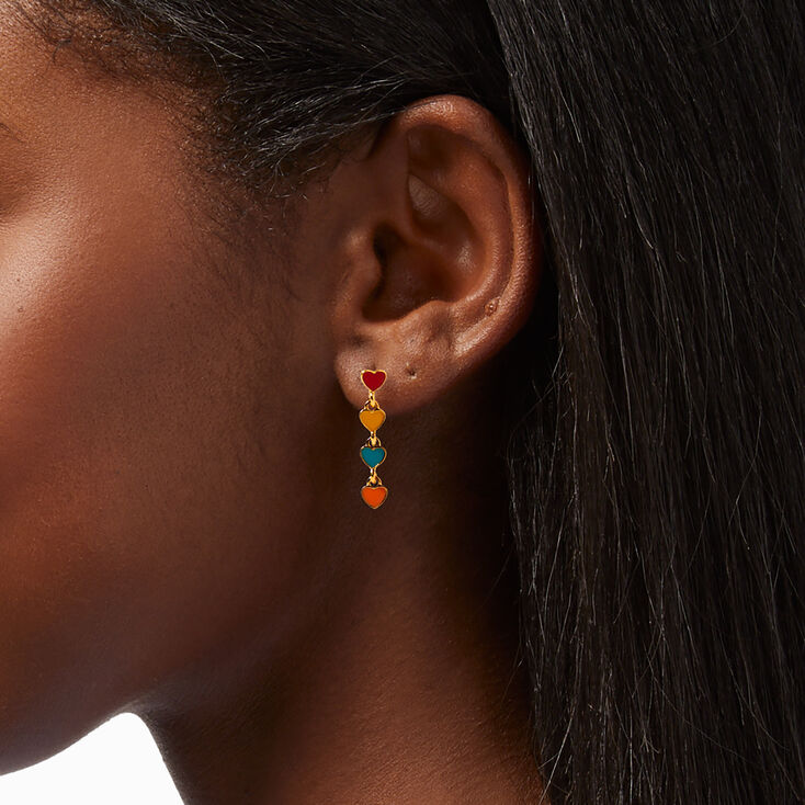 18kt Gold Plated Rainbow Enamel Heart Linear 1&quot; Drop Earrings,