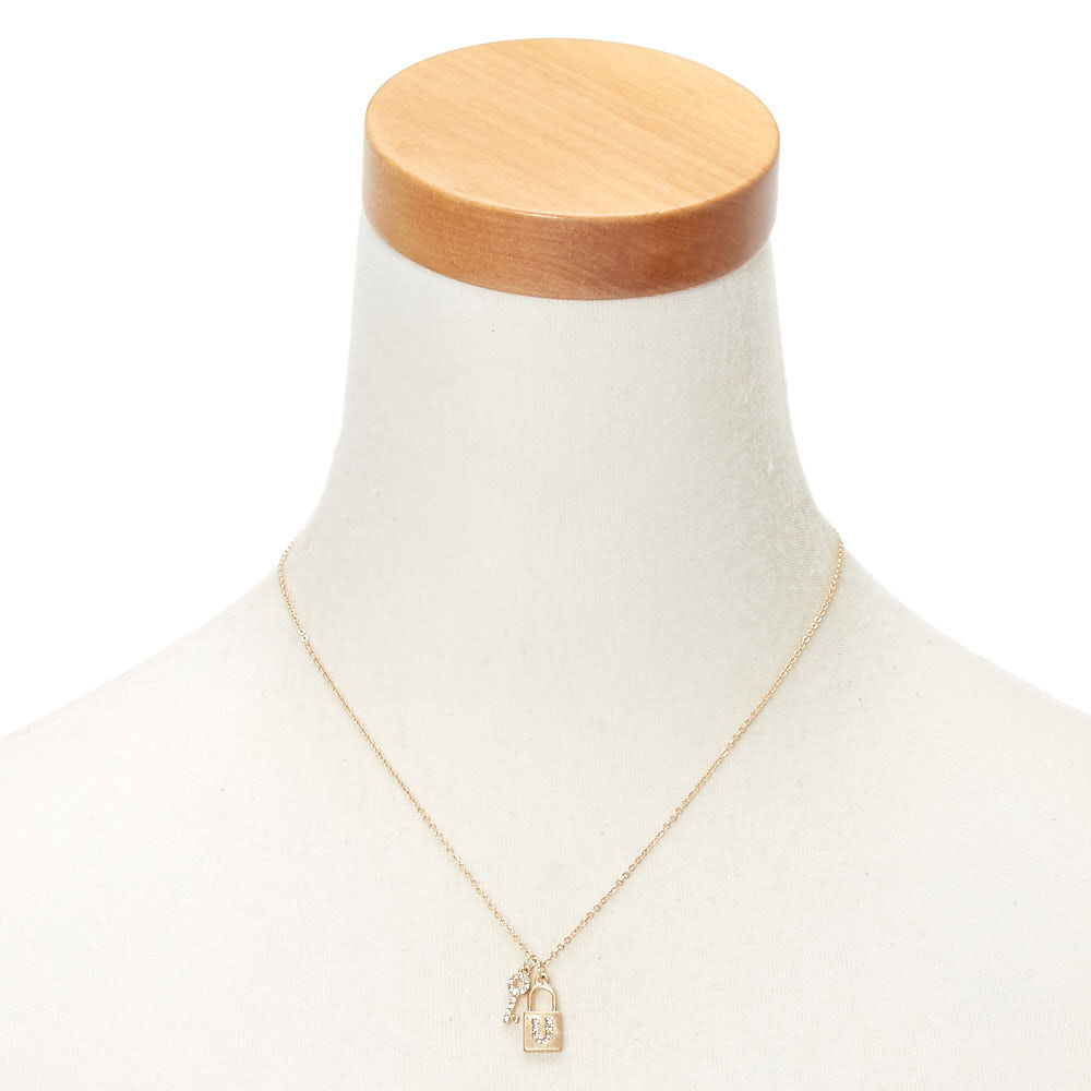 Gold Lock & Key Initial Pendant Necklace - U,