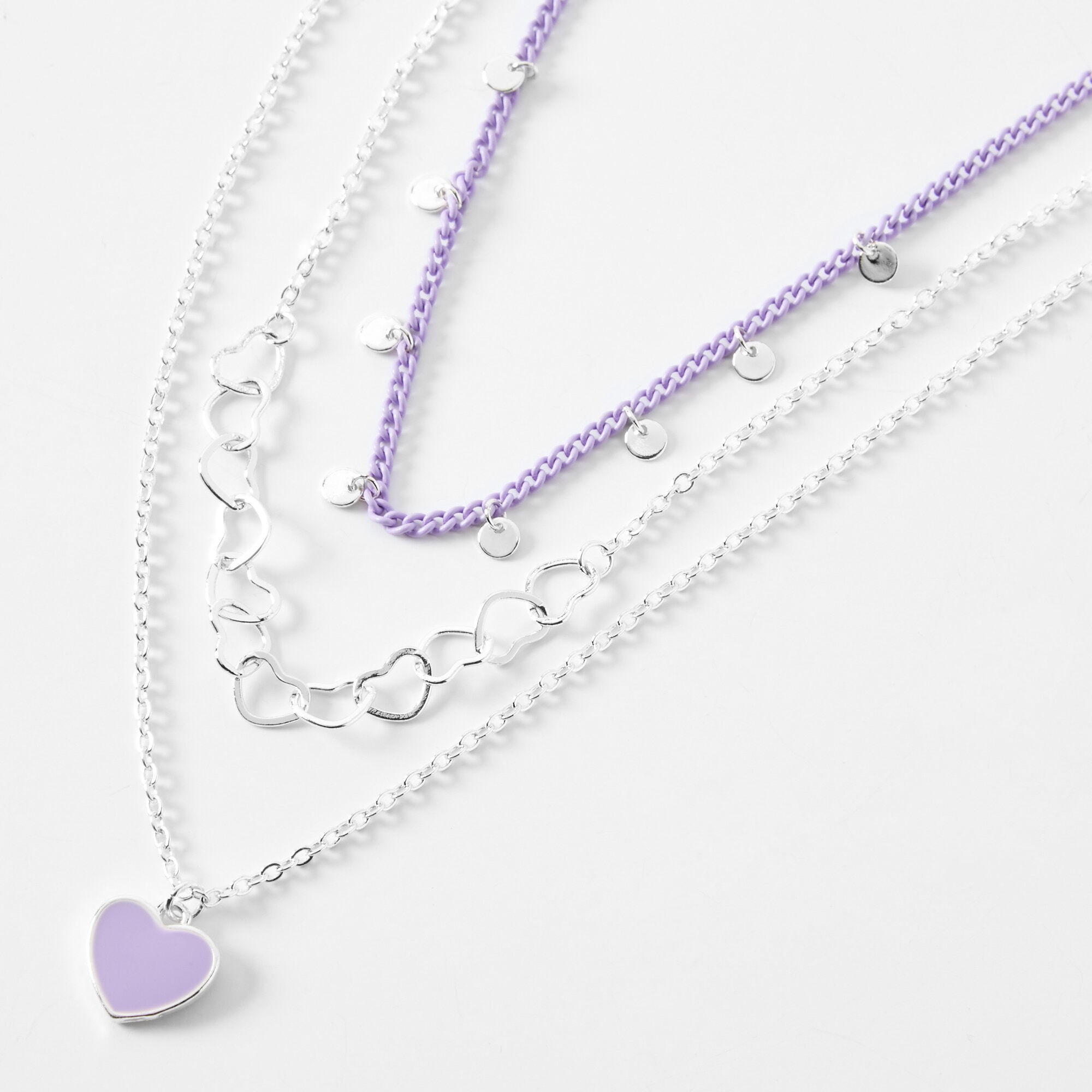 Silver & Purple Heart Chain Multi Strand Necklace,