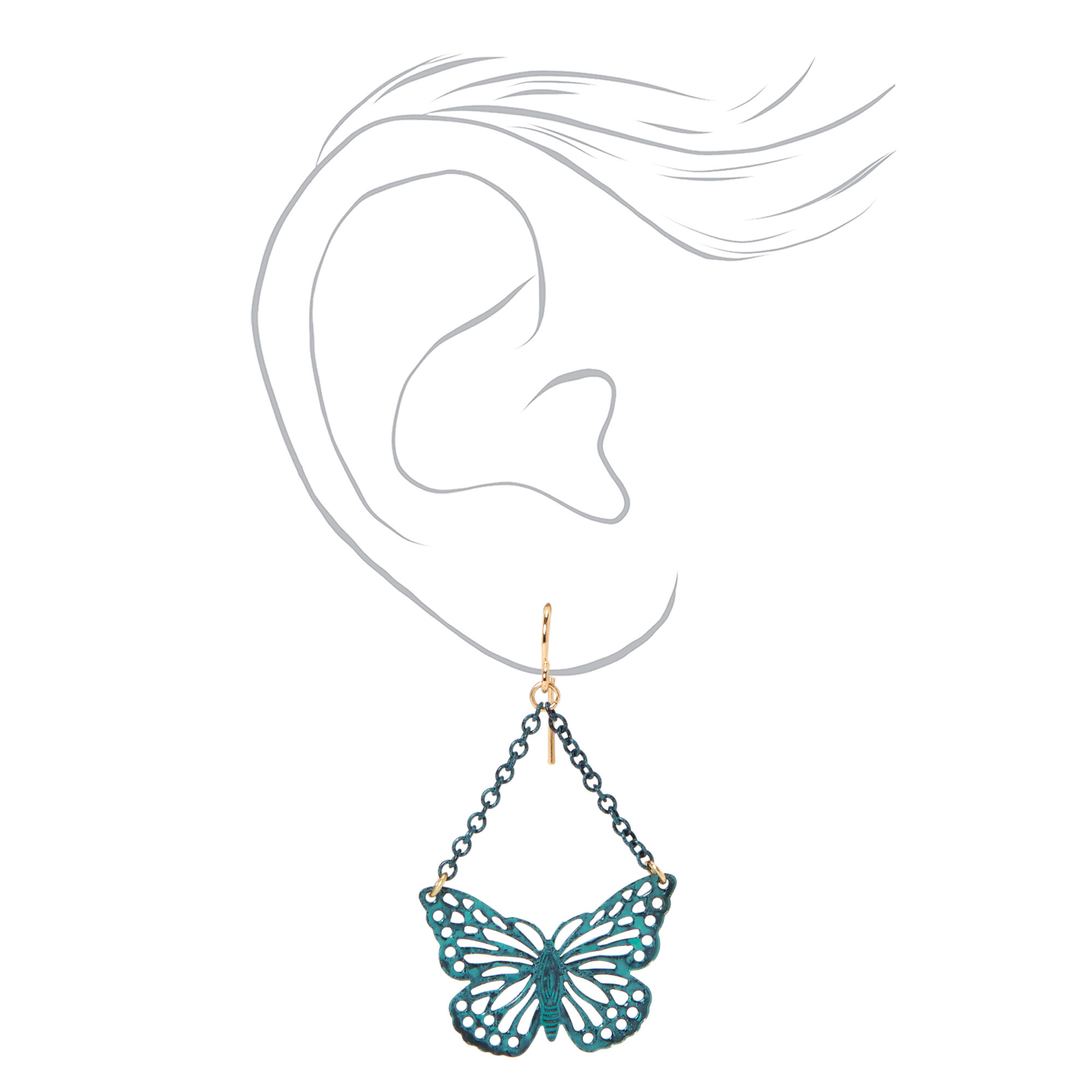 Bronze Patina 2" Filigree Butterfly Drop Earrings,
