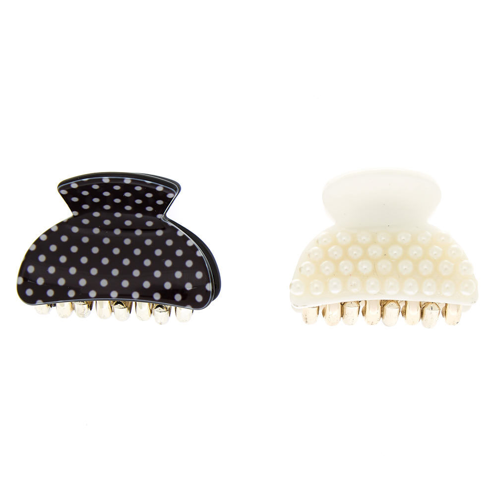 Mini pinces à cheveux noires et blanches à pois et perles d'imitation - Lot de 2,