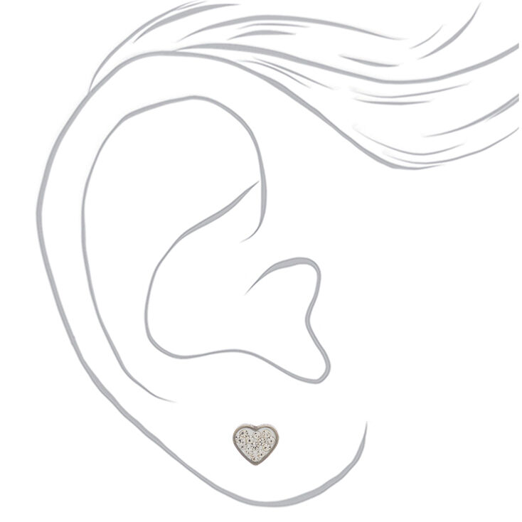 Silver Titanium Crystal Heart Stud Earrings - White,
