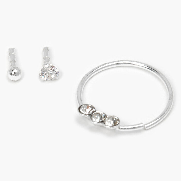 Sterling Silver Crystal Ball Mixed Cartilage Hoop &amp; Flat Back Earrings - 3 Pack,