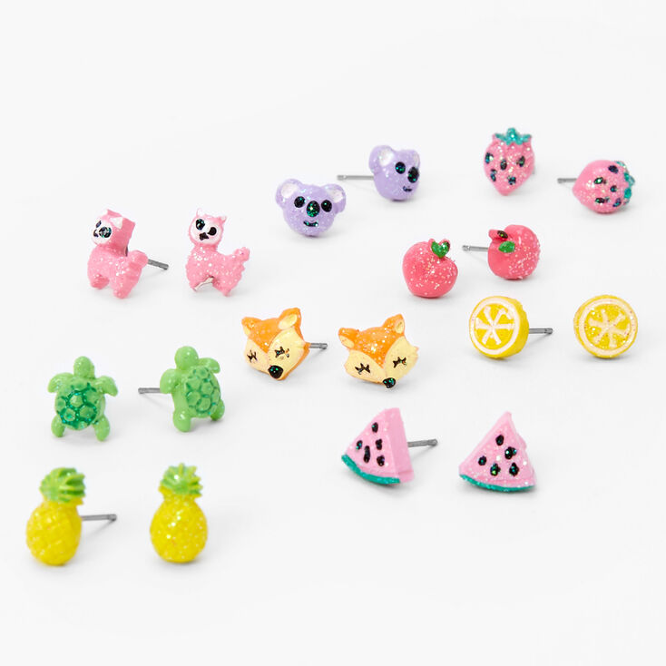 Glitter Critters and Fruits Stud Earrings - 9 Pack,