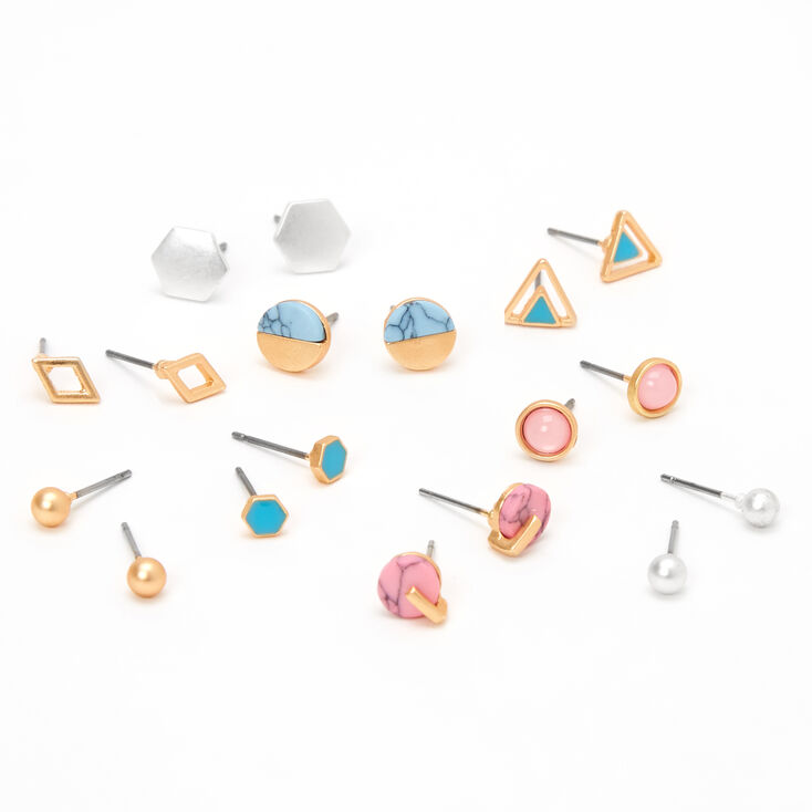 Mixed Metal Blue &amp; Pink Geometric Marble Stud Earrings - 9 Pack,