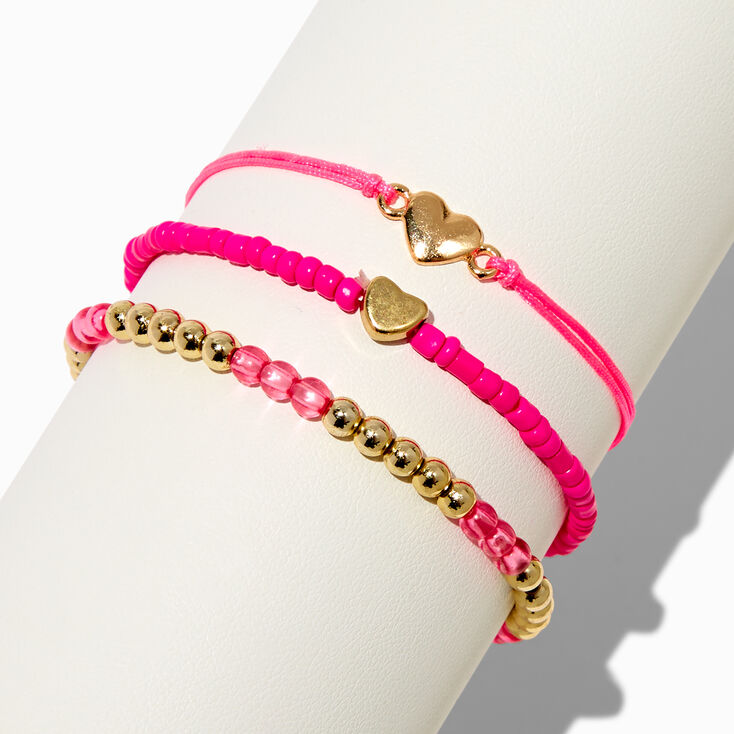 Heart Bright Pink Seed Bead Bracelet Set - 3 Pack,