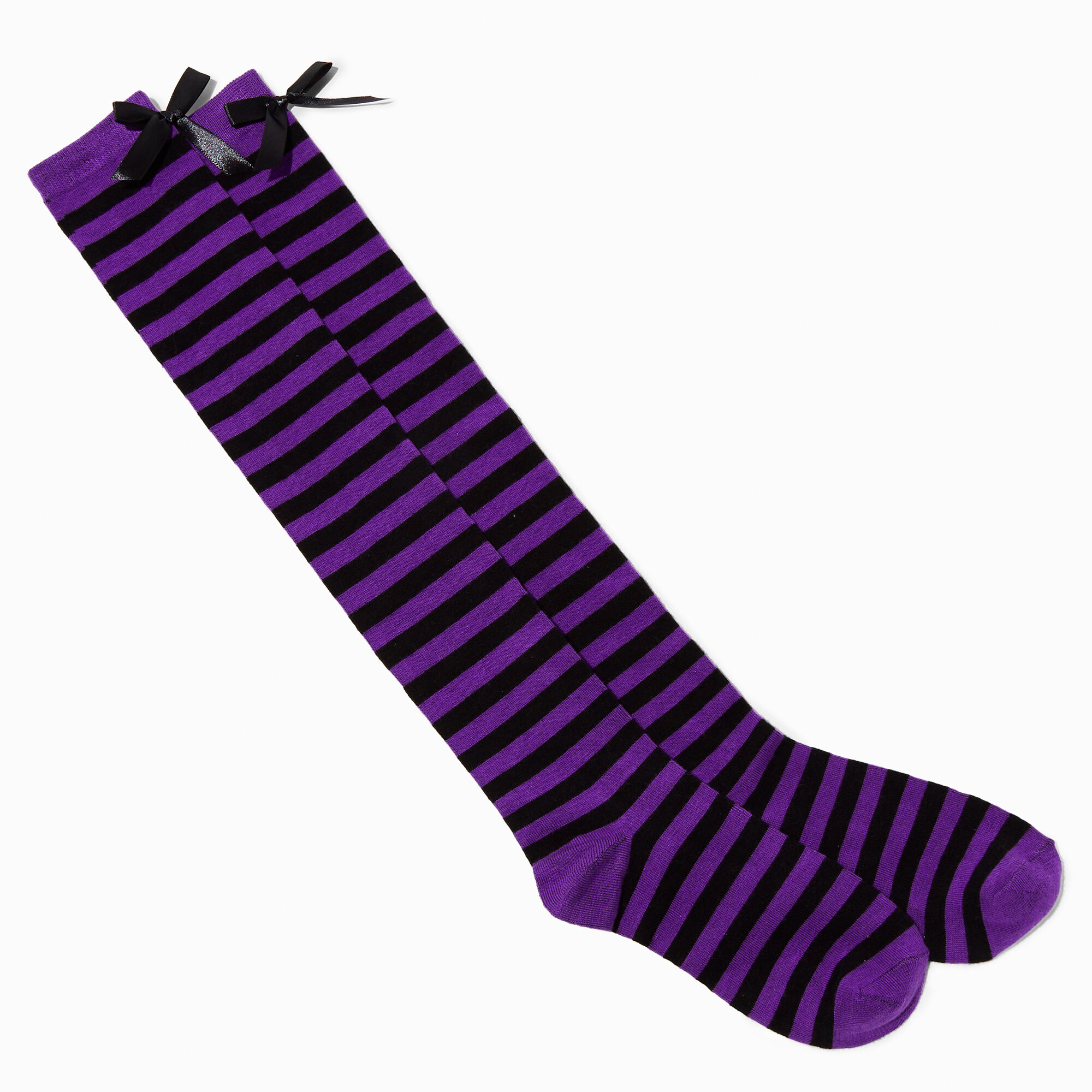 View Claires Purple Stripe Over The Knee Socks Black information
