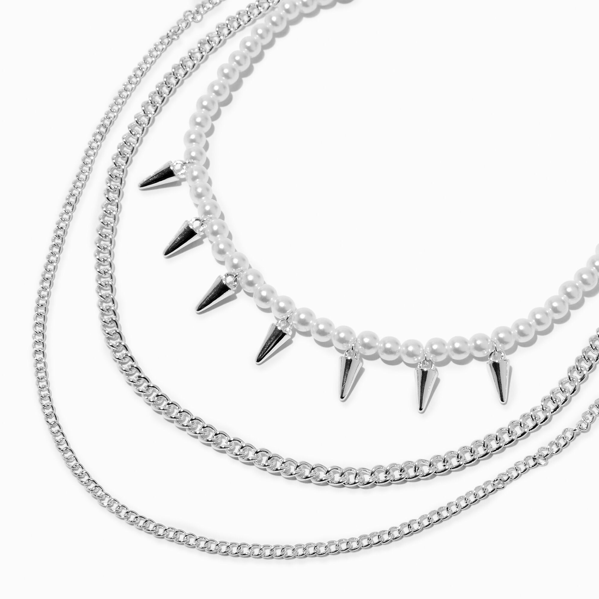 View Claires Tone Pearl Spike Chain MultiStrand Necklace Silver information