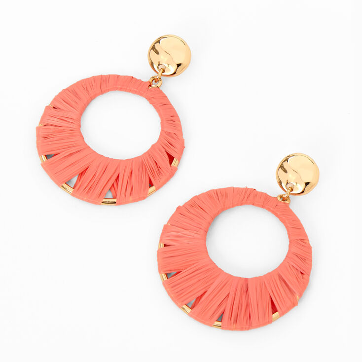 Gold 1&quot; Coral Raffia Drop Earrings,