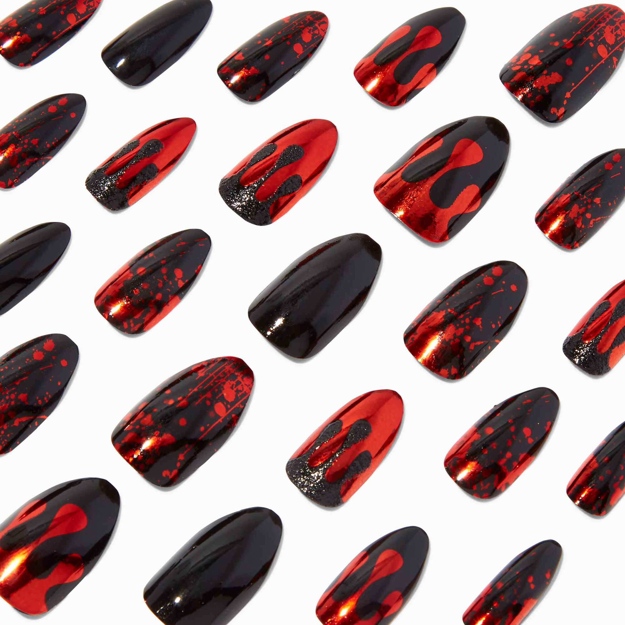 Lot de 24 faux ongles autocollants squareletto noirs et rouges sanglants,