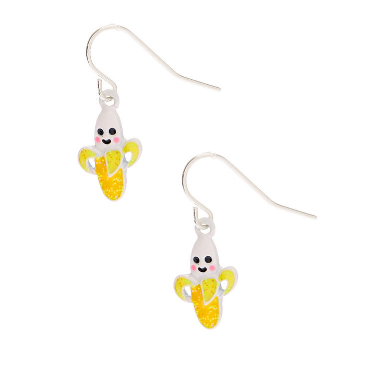 Silver 1&quot; Happy Banana Drop Earrings - Yellow,