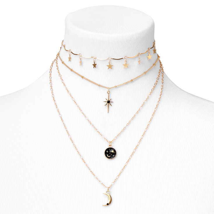 Gold Celestial Disc Multi Strand Choker Necklace - Black,