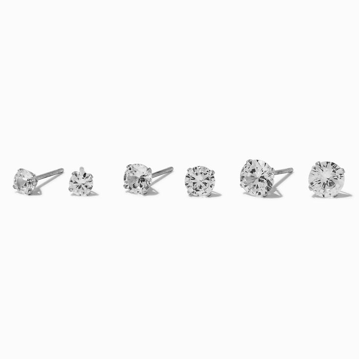 Silver-tone Stainless Steel Round Cubic Zirconia Stud Earrings - 3 Pack,