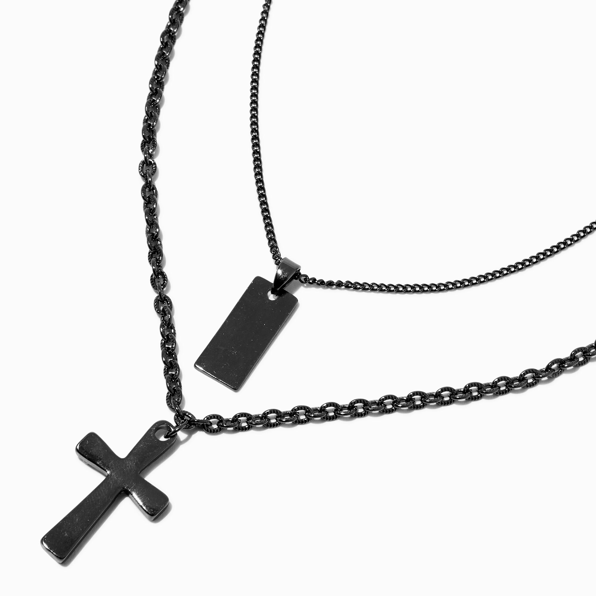 View Claires HematiteTone Cross Tag Necklace Set 2 Pack information