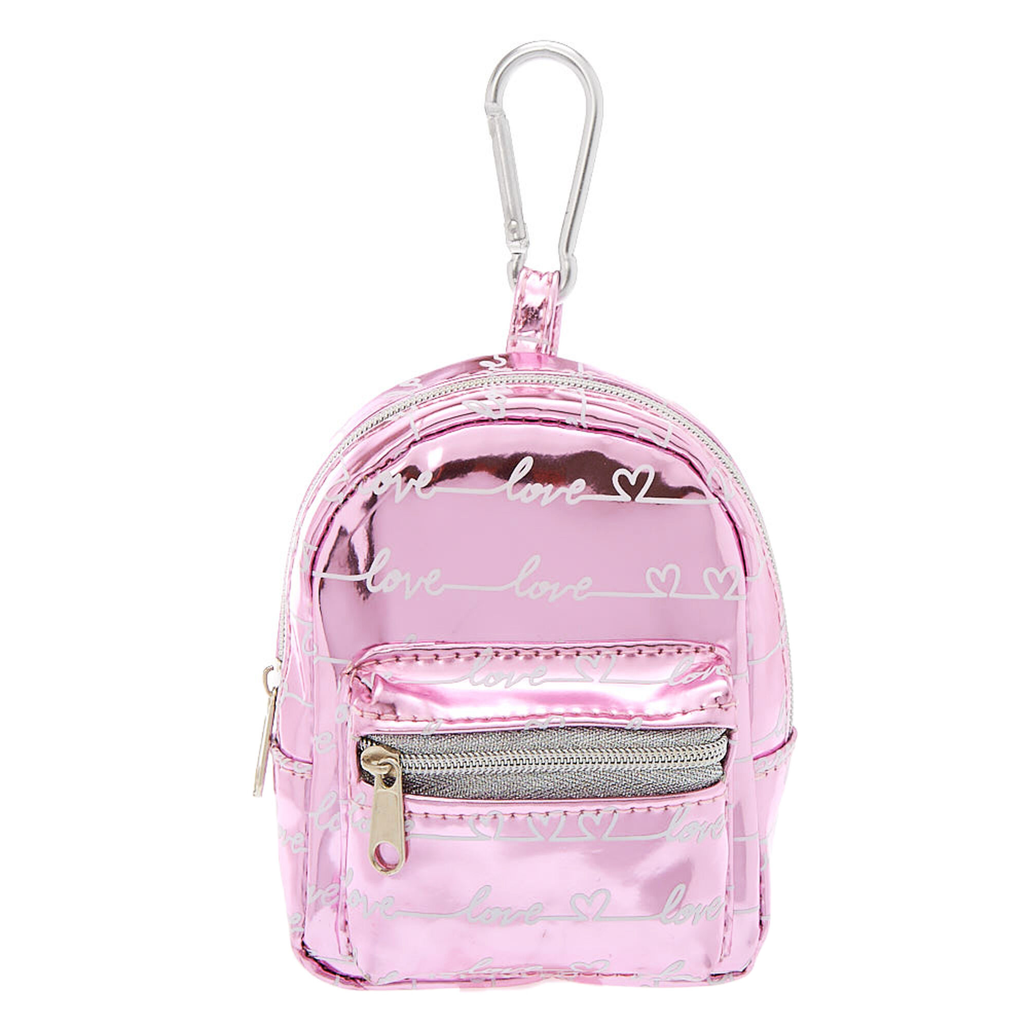 View Claires Metallic Love Script Mini Backpack Keyring Pink information