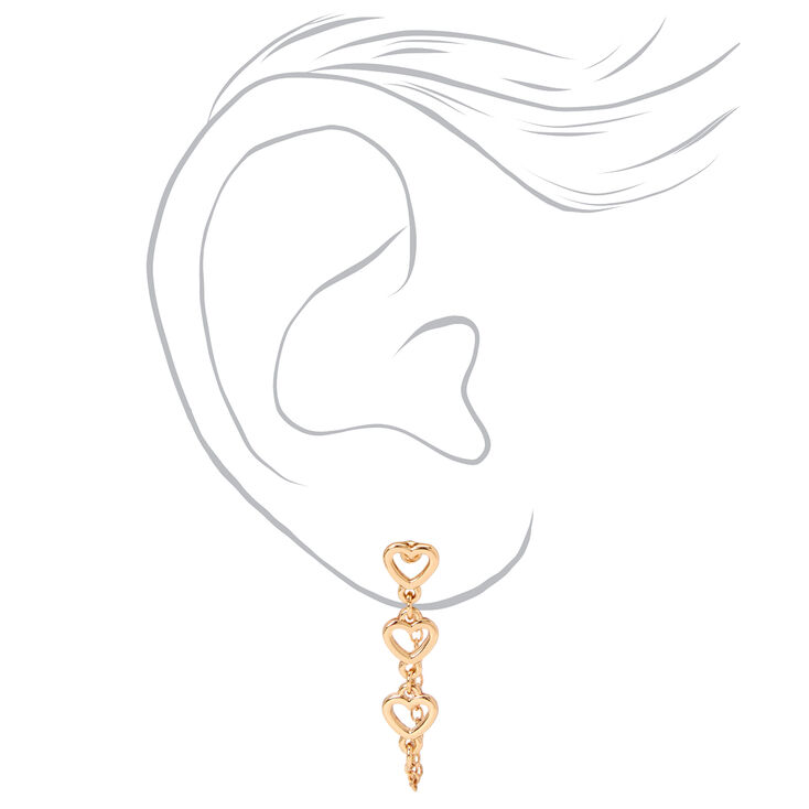 Gold Triple Heart Front and Back Chain Drop Earrings,