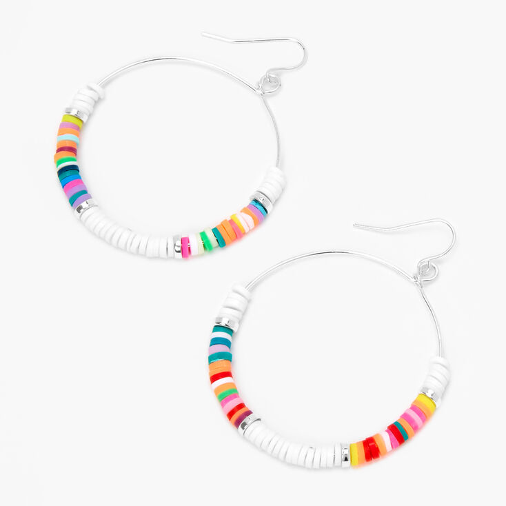 Silver 50MM Beaded Rainbow Hoop Earrings | Claire's