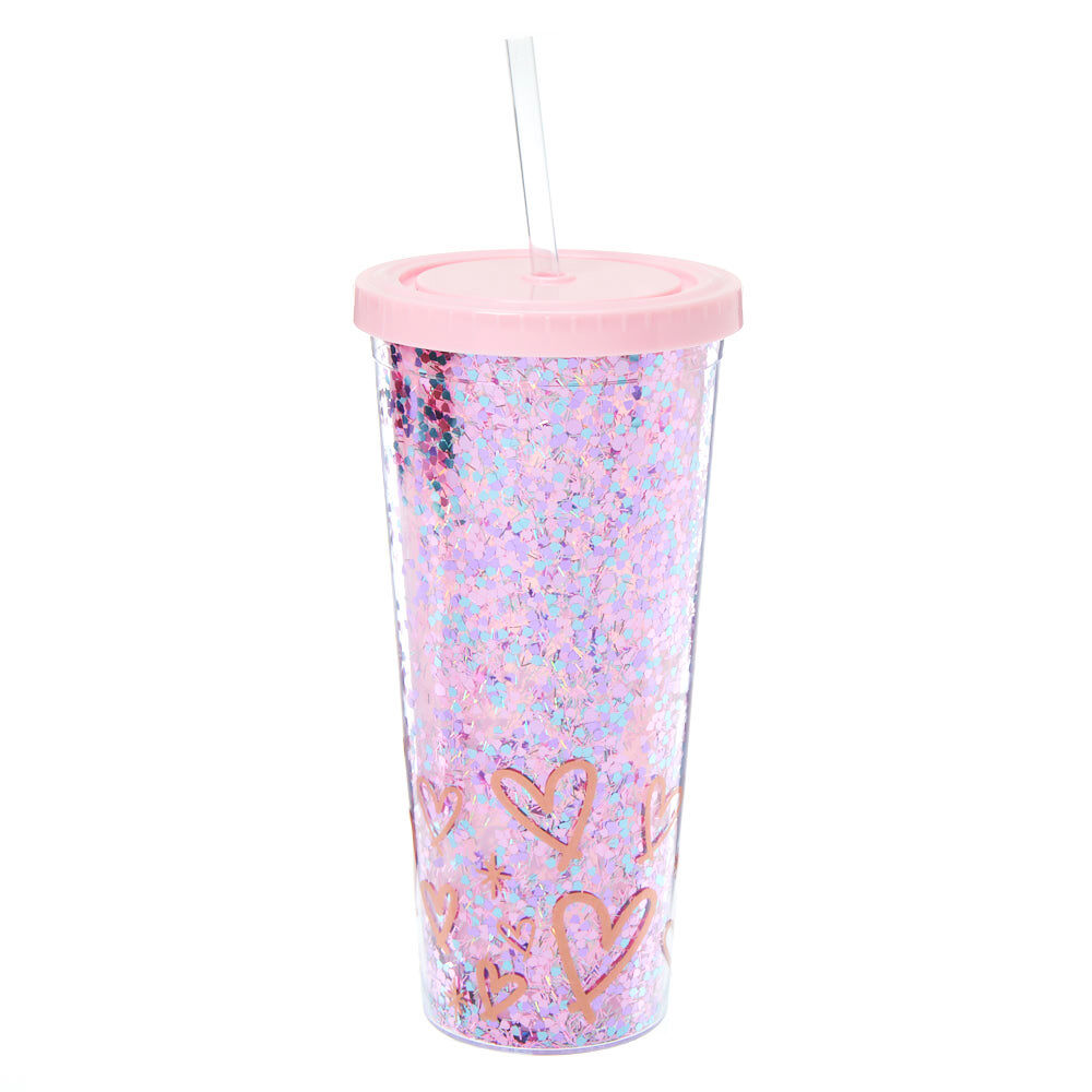 Confetti Glitter Hearts Tumbler Cup Pink