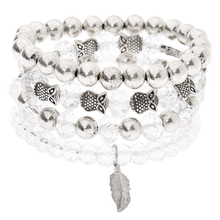 Claire's Bracelets élastiques perlés chouette plume couleur argentée - Transparent, lot de 4