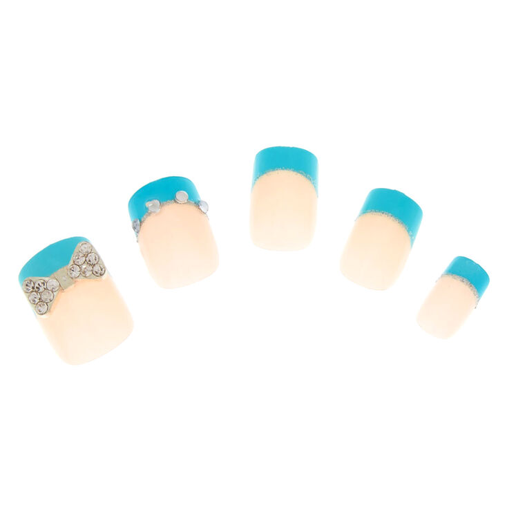 Turquoise Tips with Crystal Bows Square False Nails | Claire's US